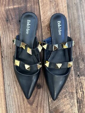 Bella Marie Black Pointed Mule with Gold Pyramid Studs